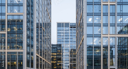 Modern glass office buildings with colorful lights at dusk reflecting city architecture