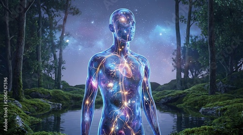 Cosmic human silhouette with glowing energy pathways in a mystical forest
