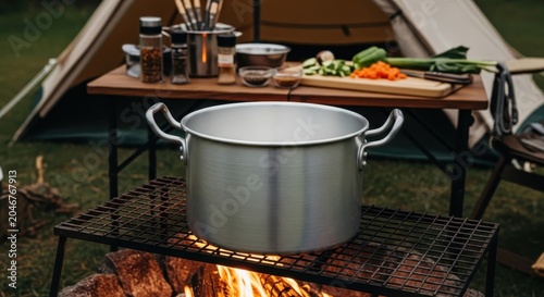 Aluminum Cooking Pot Boiling Vegetables Over Campfire Outdoors