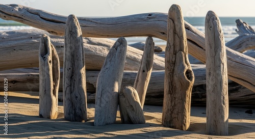 Driftwood Forms Creating Unique Beach Art Under Sunlight