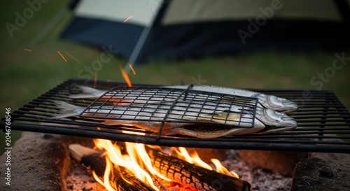 Fresh Fish Grilling Over Campfire in Outdoor Camping Setting