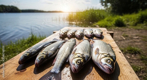 Fresh Fish Displayed on Wood Near Tranquil Lake at Sunset