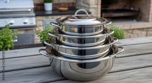 Metal Bowls Stacked on Table in Modern Kitchen with Greenery