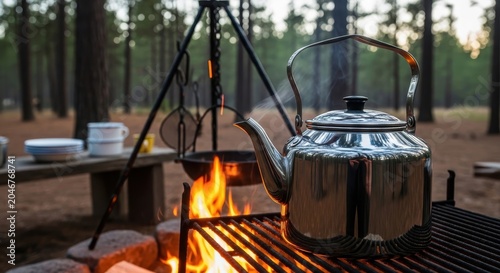 Metal Kettle Boiling Over Fire at a Scenic Campground Setting