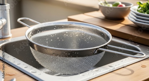 Metal Strainer Draining Water in Modern Kitchen Setting with Food