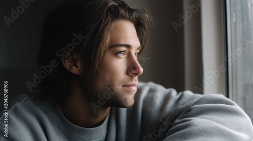 Young caucasian male looking out window, reflective mood, natural light, concept of contemplation for self-improvement coaching, mental health blogs, lifestyle brands