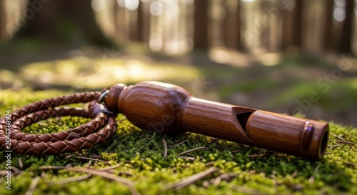 Polished Wooden Whistle Resting on Moss in a Forest Setting