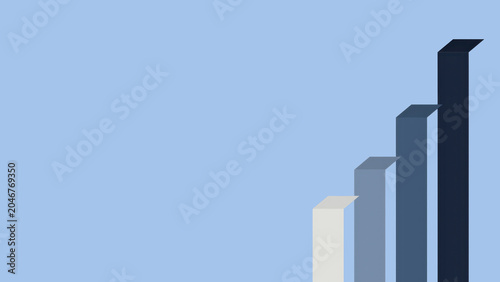 Four ascending 3D bars in gradient shades from white to navy positioned on the right of a light blue background. Graphic resource indicating company or financial growth.