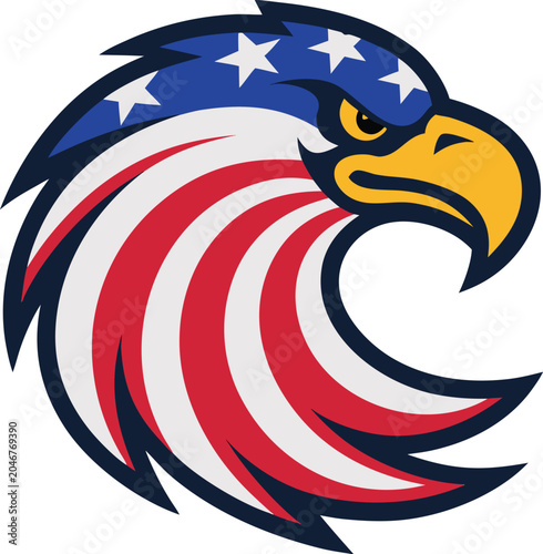 An American eagle with an American flag vector illustration, featuring a stylized animal tattoo silhouette design and a waving USA nature pattern