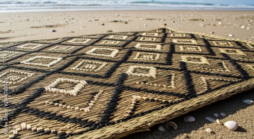 Woven Grass Mat Displayed on Sandy Beach with Ocean Waves Behind
