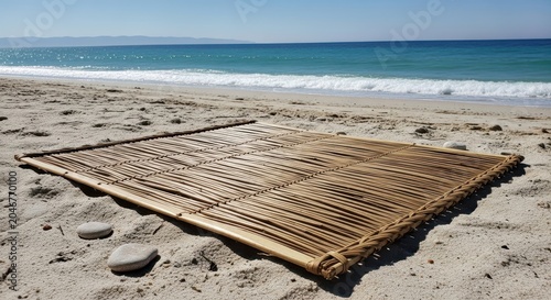 Woven Palm Frond Mat Relaxing on Sandy Beach by the Vibrant Ocean