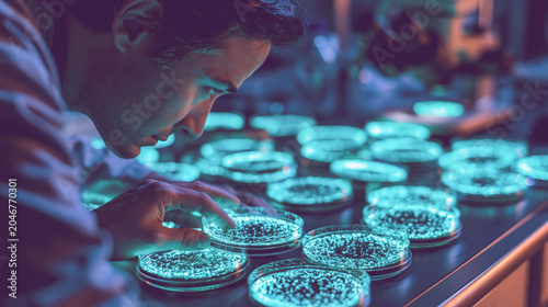 Scientist examining glowing petri dishes in dark laboratory