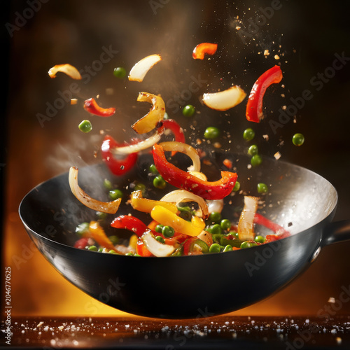 Colorful vegetables frying in wok with flames and smoke, concept of asian cuisine, restaurants, cooking classes