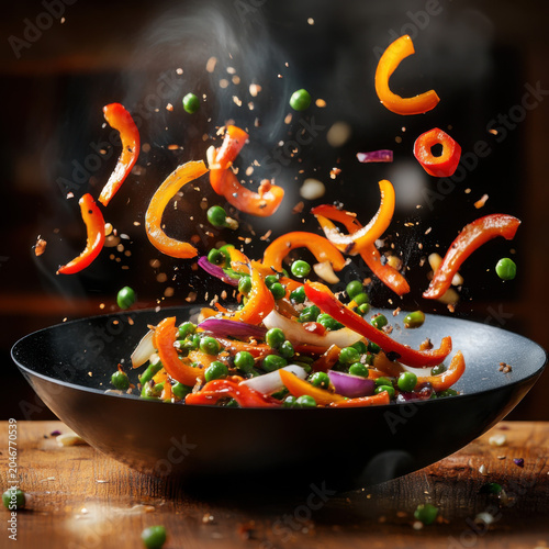 Vibrant stir-fried vegetables with peppers and peas - restaurants, food blogs, culinary schools concept of