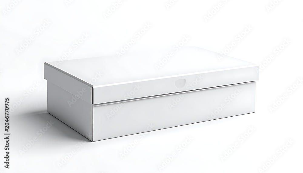 Naklejka premium Isolated closed white shoebox with lid on a light grey background, simple product packaging mockup