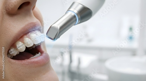 Close Up of Dentist Using 3D Intraoral Scanner Wand on Female Patient Teeth for Braces Treatment