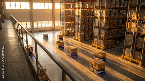 Autonomous Mobile Robots Navigating Modern Warehouse Aisles at Golden Hour