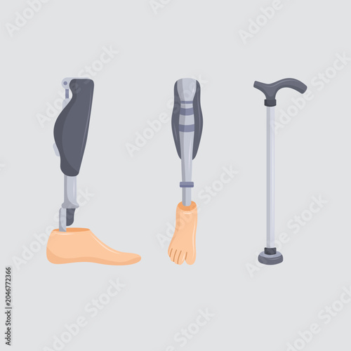 Prosthetic leg, robotic hand and walking cane medical mobility aids icon set
