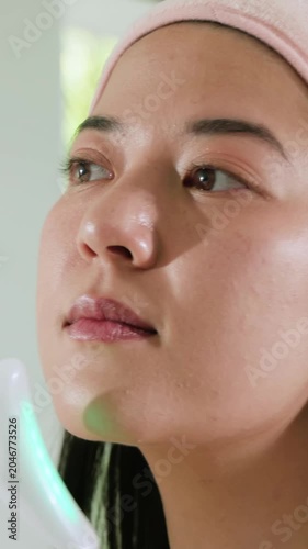 Vertical video: LED glowing, woman with pink headband using skincare device at home for treatment