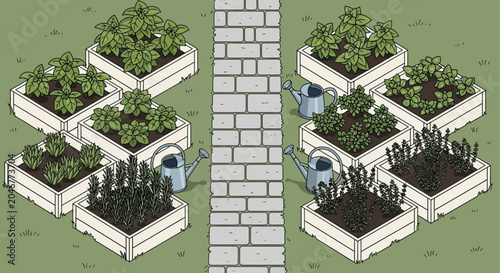 Schilderij op canvas Isometric view of a well-organized raised garden bed layout with various plants