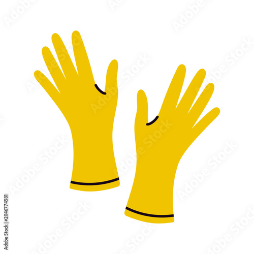 Yellow rubber cleaning gloves, vector illustration. Latex accessory for laundry, chores, dishwashing. Hand drawn isolated clipart. A pair of gloves for professional housework. Flat cartoon doodle