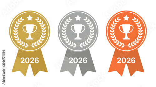 Three award ribbons with 2026 year gold silver