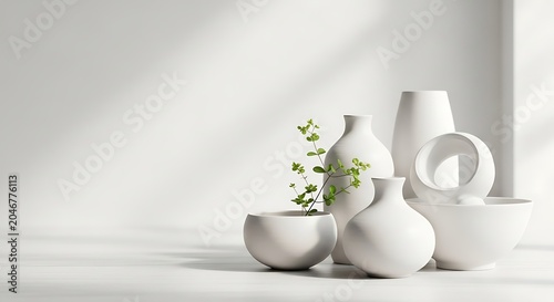 Minimalist white ceramic vases with greenery