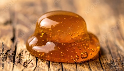 Drop of golden honey dripping on rustic wooden surface, organic food texture, natural sweet syrup, sticky liquid, macro food photography