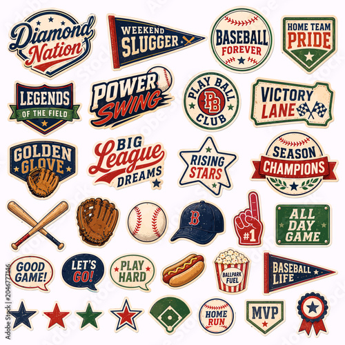 A vibrant collection of vintage baseball-themed badges, emblems, and illustrations featuring sports equipment, slogans, and classic designs.