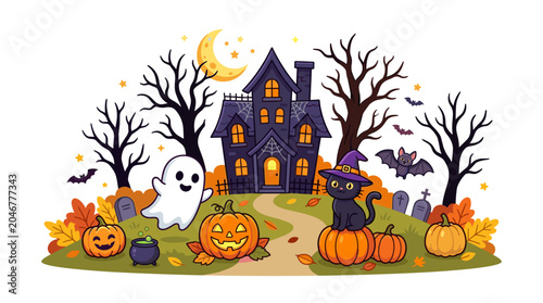 Haunted House Halloween Scene with Ghost Pumpkin Cat and Bats Vector