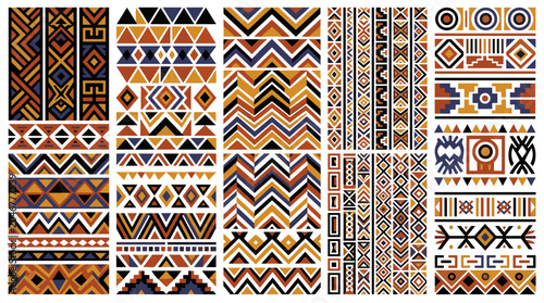 Collection of African tribal patterns and borders in geometric shapes and warm colors Vector