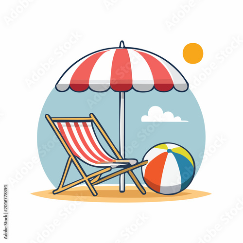 Beach Scene with Deck Chair, Umbrella, and Beach Ball