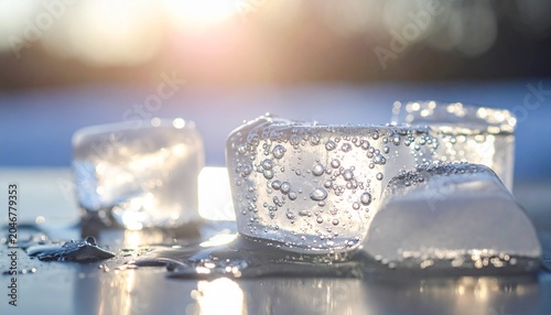 Bild auf Leinwand Clear ice cubes melting in sunlight, showing air bubbles and water droplets