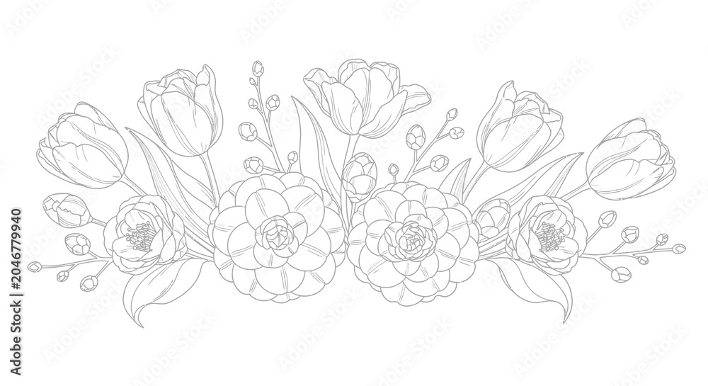 Fototapeta premium Elegant HandDrawn Floral Arrangement with Tulips and Peonies.