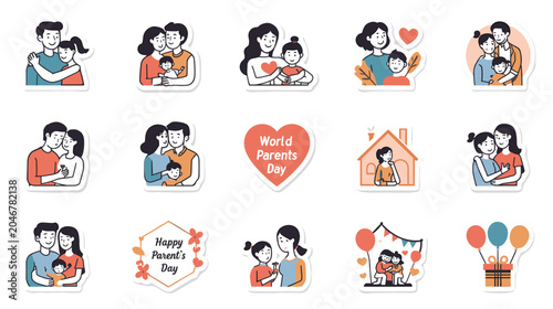 World Parents Day sticker collection featuring cute family illustrations, loving parents with children, and happy household icons