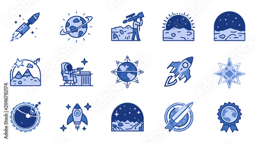 Blue space exploration icon set featuring rockets planets astronauts and celestial elements for astronomical research and science projects