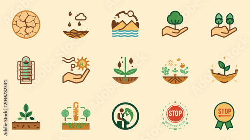 Environmental protection icons showing soil conservation, reforestation, sustainable agriculture, and climate action concepts for green initiatives