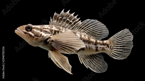 Striking Freshwater Fish with Intricate Fin Patterns on Black Background