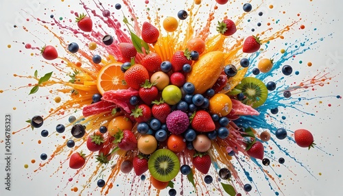 Fresh Tropical Fruits Splashing In Clear Blue Water On White
