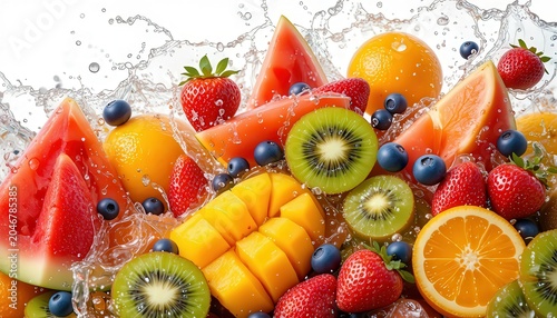 Fresh Tropical Fruits Splashing In Clear Blue Water On White