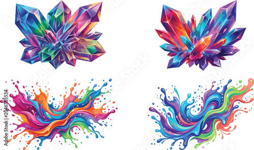 Abstract iridescent quartz crystal geode vector illustration with colorful translucent faceted gemstones
