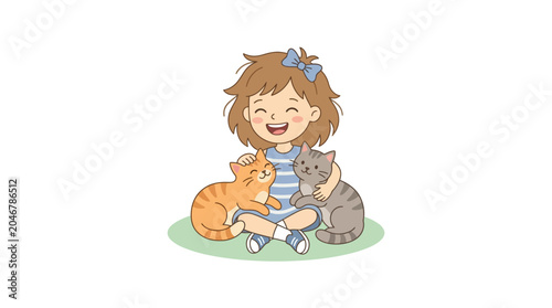 Foto Happy Girl Hugging Two Cute Cats, Friendship, Childhood Joy
