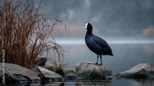 Black Water Bird Standing on a Rock Beside Calm Lake Water