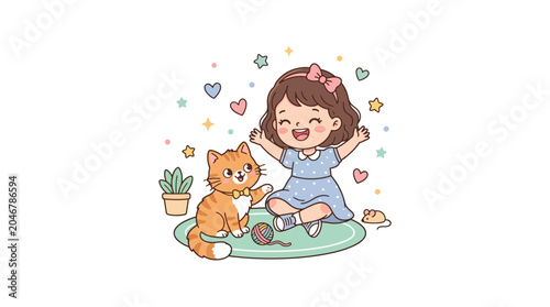 Schilderij op canvas Happy Girl Playing With Orange Cat, Childhood Joy, Cute Cartoon Style