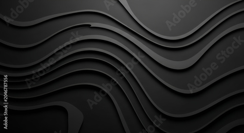 Abstract dark background with flowing 3D layers and smooth wave patterns, elegant monochromatic surface for modern corporate branding and clean digital user interface layouts