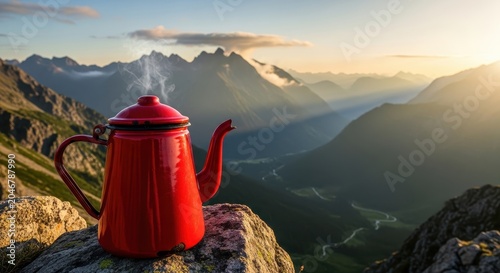 Red Enamel Coffee Pot Steams Against Mountain Sunrise Landscape
