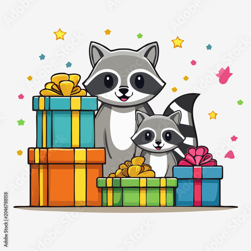Cute Raccoons with Birthday Presents and Confetti