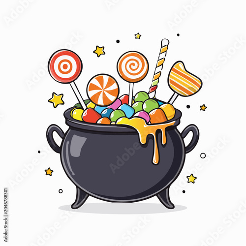 Halloween cauldron overflowing with colorful candy and lollipops