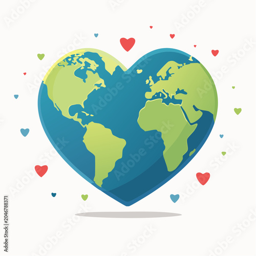 Heart-shaped Earth with floating hearts