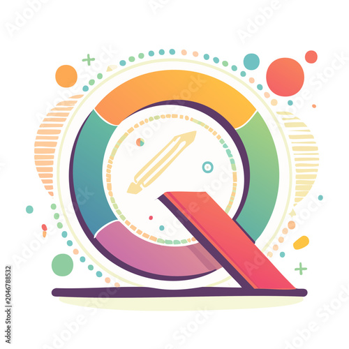 Stylized Letter Q with Pencil and Abstract Shapes
